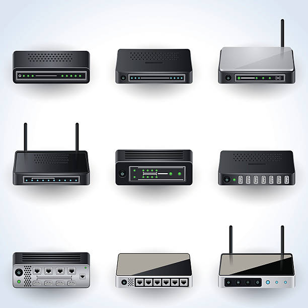 ikony urządzeń sieciowych - router wireless technology computer part node stock illustrations