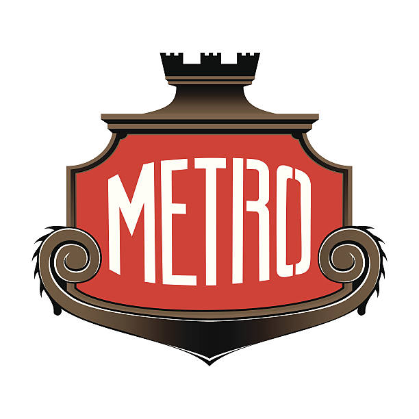 Red and brown metro shield sign on white background Vector sign of station metro in Paris, isolated from background. paris metro sign stock illustrations