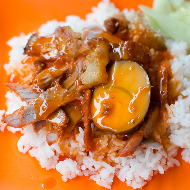 istock Barbecued red pork in sauce with rice 468972292