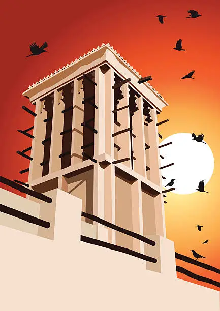 Vector illustration of Historical Wind Tower and Birds Vector Illustration Dubai, UAE