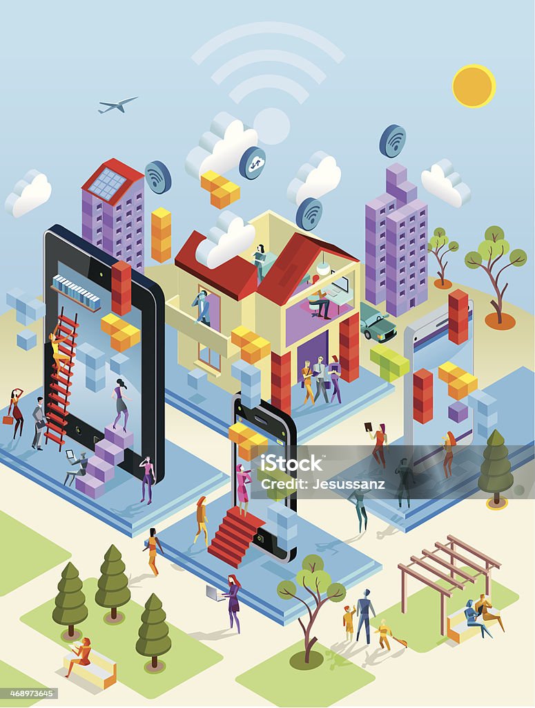 Wireless City in Isometric View A city internet network with wireless and giants computing devices (digital tablet, mobile phone) in isometric view. Isometric Projection stock vector