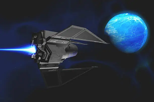 A small spacecraft from Earth reaches a water planet after many lightyears.