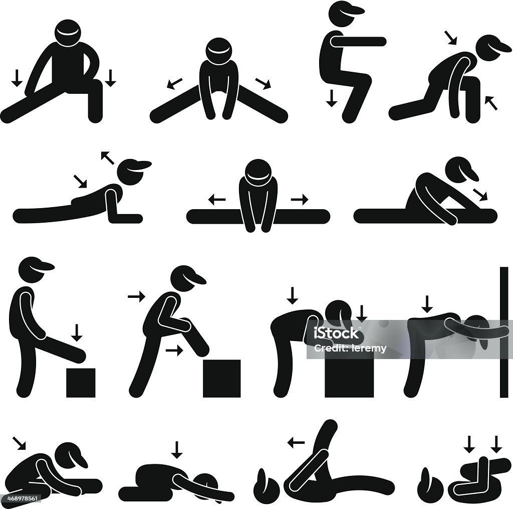 Cuerpo de estiramiento ejercicio Stick Figura Pictograma icono - arte vectorial de Precalentamiento libre de derechos