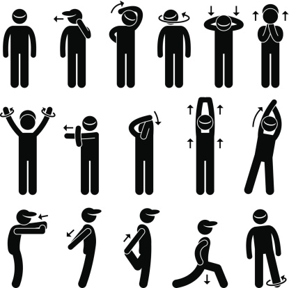 A set of human pictogram representing a collection of body stretching posture and exercise.