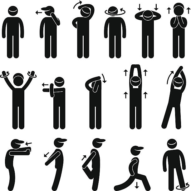 Body Stretching Exercise Stick Figure Pictogram Icon A set of human pictogram representing a collection of body stretching posture and exercise. turning illustrations stock illustrations