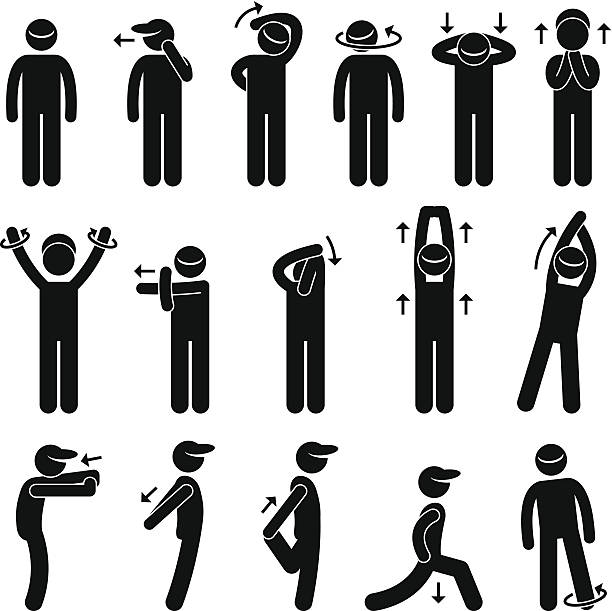 Body Stretching Exercise Stick Figure Pictogram Icon A set of human pictogram representing a collection of body stretching posture and exercise. wrist exercise stock illustrations