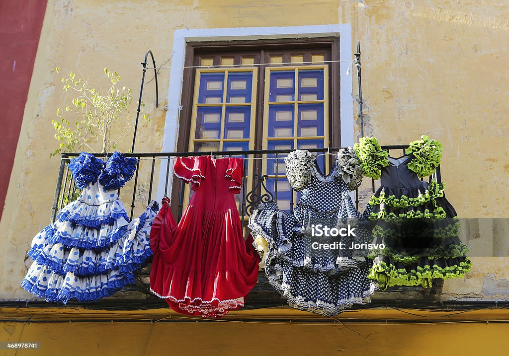 Flemish Traditional flamenco dresses at a house in Malaga, Andalusia, Spain. Flamenco Dancing Stock Photo