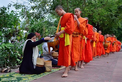 Luang Pra bang, Laos : 13 DEC 2014  Unidentified monks walk to collect alms and offerings.This procession is held every early morning in Luang prabang.