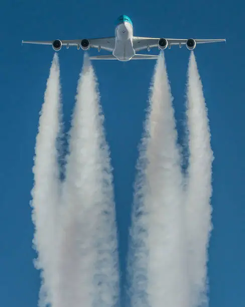 Airbus A380 head on with contrails