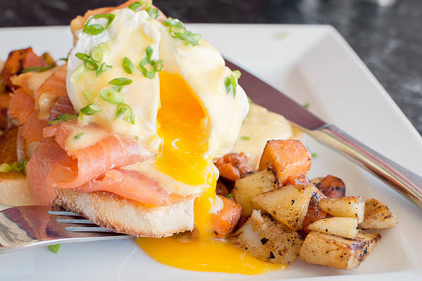 istock Egg yolk of eggs benedict meal 468980552
