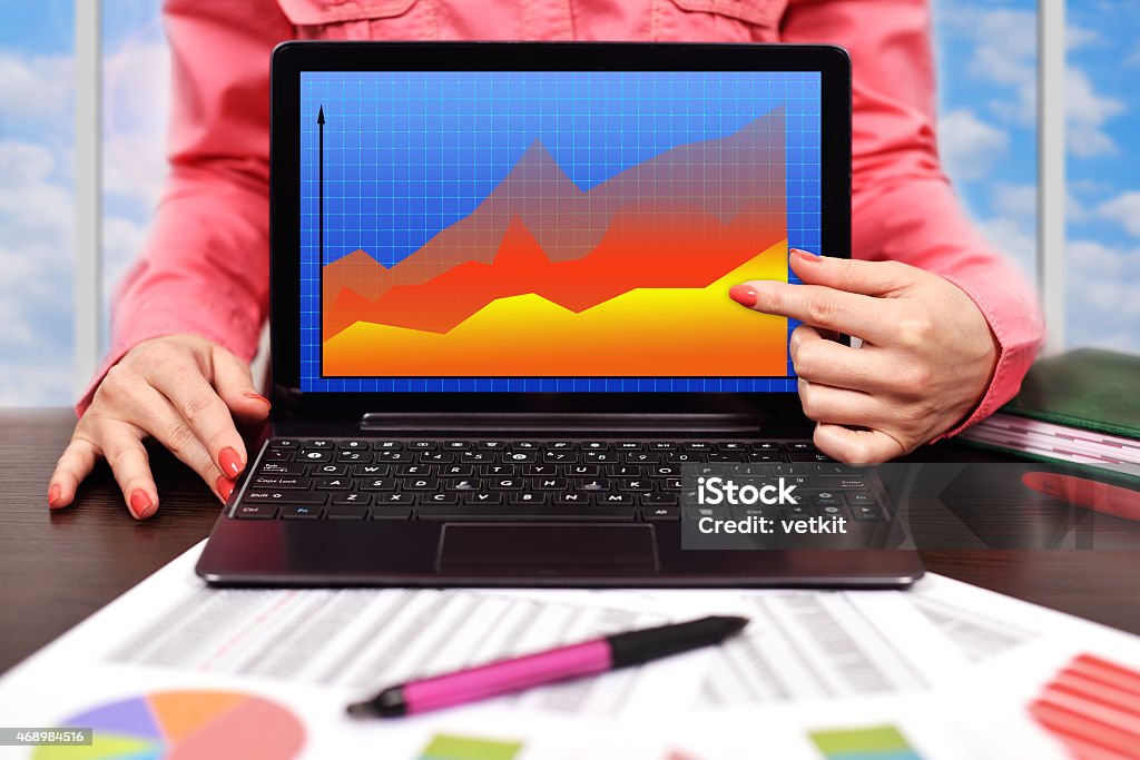 laptop with forex chart businesswoman pointing to laptop with forex chart 2015 Stock Photo