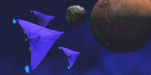 Three spaceships fly through space to investigate an alien planet and its moon.