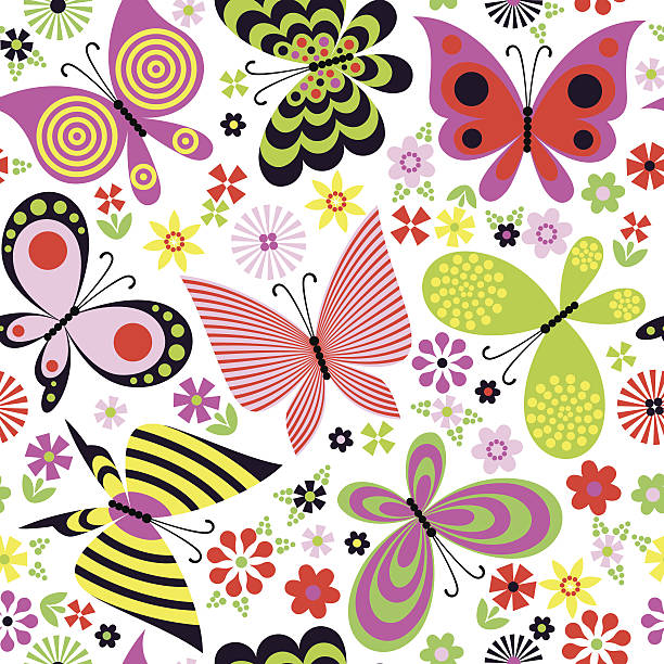 Butterfly Flower Seamless Pattern A seamless pattern of butterflies and flowers. EPS8, RGB. butterfly wing patterns stock illustrations