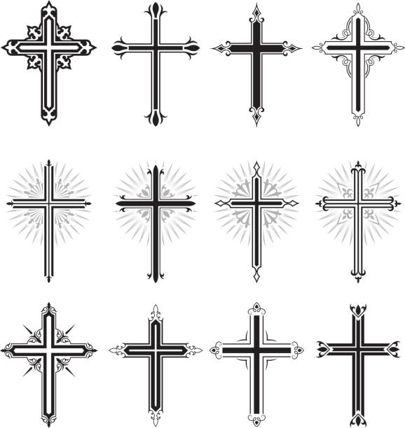 illustrations, cliparts, dessins animés et icônes de christian cross noir et blanc ensemble d'icônes vectorielles libres de droits - croix