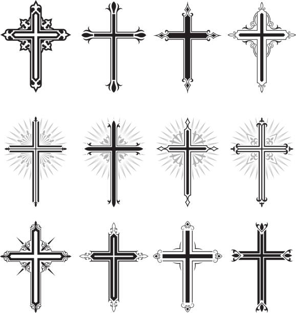 christian cross czarno-białe wektor zestaw ikon royalty-free - cross shape obrazy stock illustrations