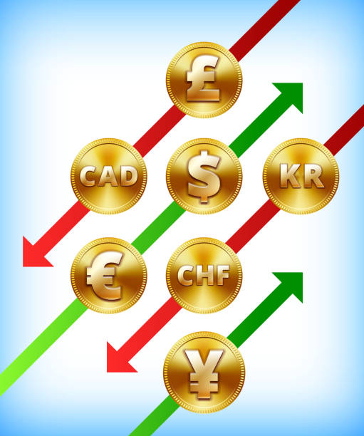 международный золотые монеты rise and fall - swiss currency dollar sign exchange rate symbol stock illustrations