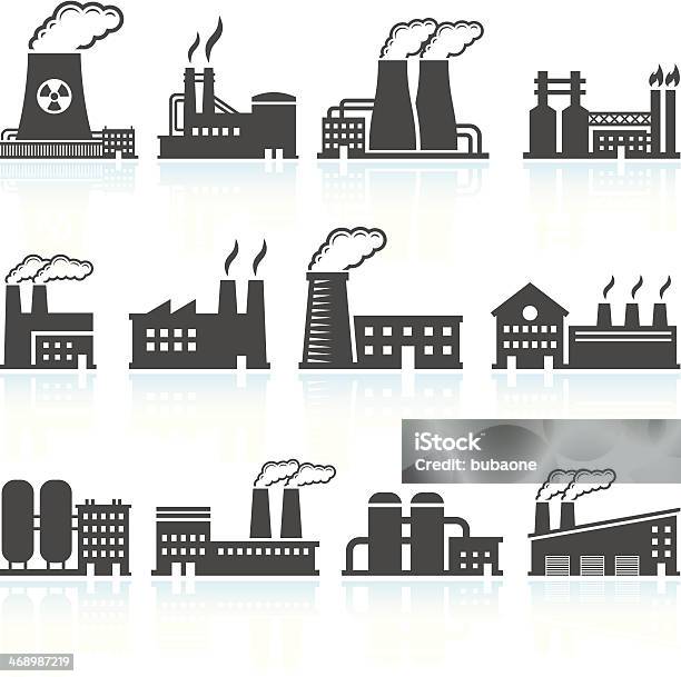 Fabrik Schwarz Weiß Lizenzfreie Vektorkunstset Stock Vektor Art und mehr Bilder von Fabrik - Fabrik, Icon, Kohle