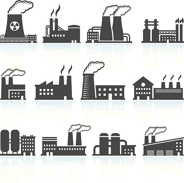 ilustrações de stock, clip art, desenhos animados e ícones de fábrica & preto branco royalty free vector conjunto de artes - nuclear power station power station energy factory