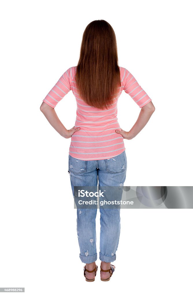 back view of standing young beautiful  redhead woman. back view of standing young beautiful  redhead woman. girl  watching. Rear view people collection.  backside view of person.  Isolated over white background. 2015 Stock Photo