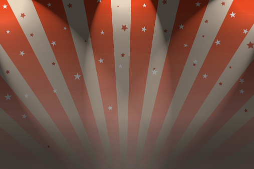 A Circus Big top style background with spotlights. in red and white stripes, computer generated perspective. 
