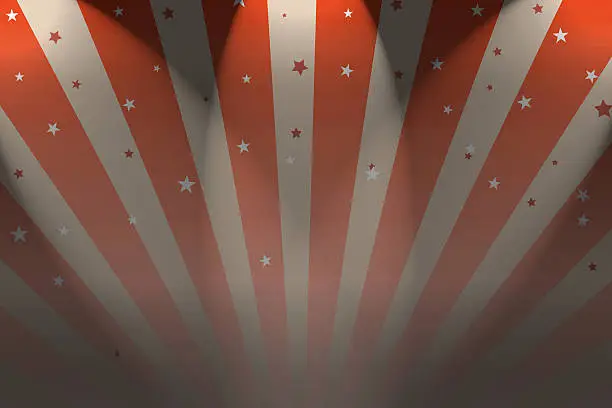 A Circus Big top style background with spotlights. in red and white stripes, computer generated perspective. 