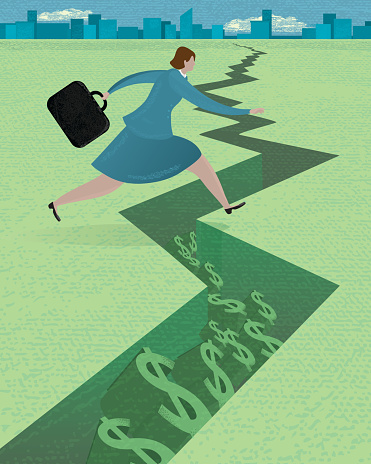 Vector illustration of a stylized business man with briefcase jumping over a pitfall with dollar signs.   