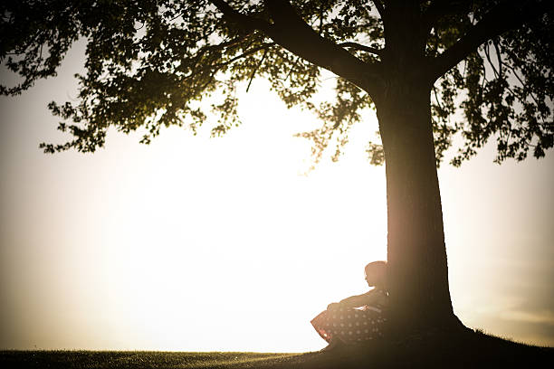 istock Little girl leaning on tree at sunset 468995314