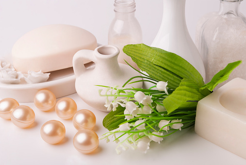 Items for bath soap salt oil pearls