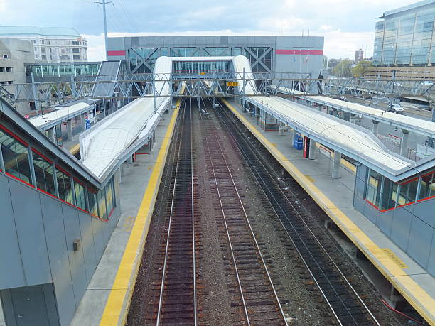 The Stamford Metro-North Railroad station in Connecticut Stamford, CT, USA - April 11, 2012: The Stamford Metro-North Railroad station in Connecticut. It serves commuters leaving & entering Stamford via the New Haven Line. Amtrak stock pictures, royalty-free photos & images