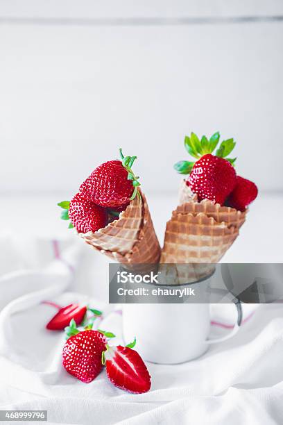 Strawberries In Waffle Cones Stock Photo - Download Image Now - 2015, Backgrounds, Close-up