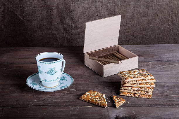 istock Cup of coffee, biscuits and a box of cigarettes 469003246