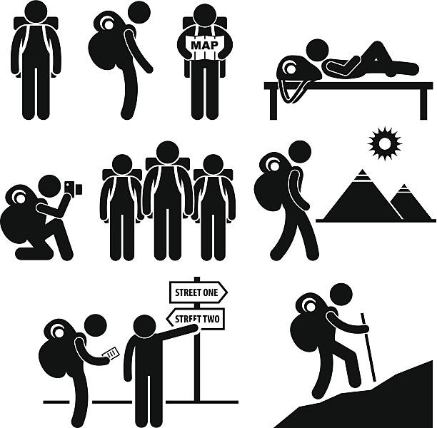 Backpack Traveler Explorer Stick Figure Pictogram Icon A set of human pictogram representing the activity of a backpacker travelling. hiking icons stock illustrations