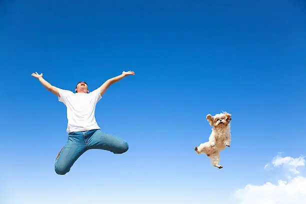 Photo of young man and dog jumping in the sky