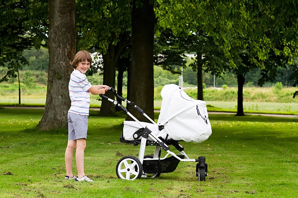 istock Little boy with a stroller in the park 469008539