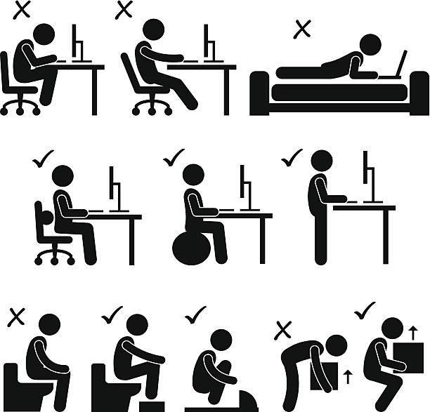 ilustraciones, imágenes clip art, dibujos animados e iconos de stock de bueno y malo cuerpo humano postura stick figura pictograma icono - sitting upright