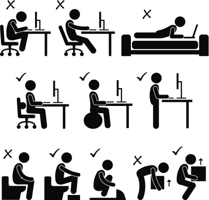 A set of human pictogram representing the good and bad posture while sitting in front of a computer, motion bowel at toilet, and lifting a box.