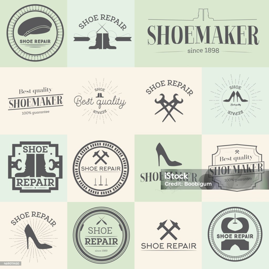 Set of vintage shoes repair and shoemaker labels Set of vintage shoes repair and shoemaker labels, emblems and designed elements Vector illustration Retro Style stock vector