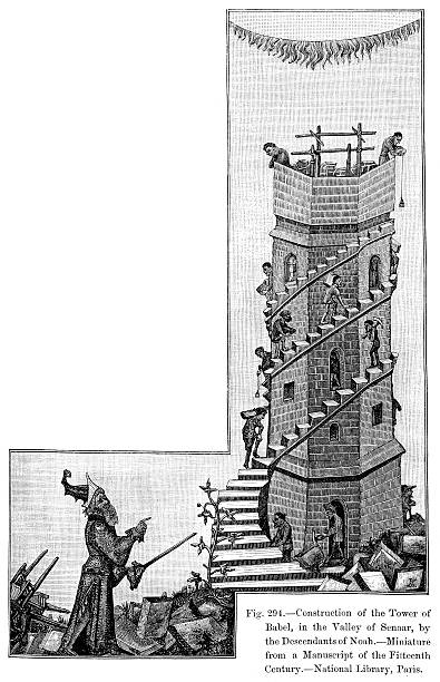 Tower of Babel Construction of the Tower of Babel, in the Valley of Senaar, by descendants of Noah. 15th Century tower of babel stock illustrations