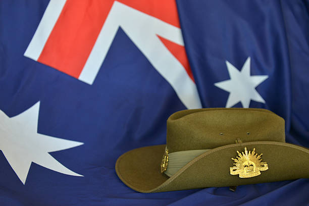 istock Anzac Day slouch hat in front of an Australian flag 469025708