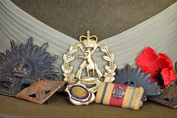 istock Close up of war medals resting against a slouch hat 469025764