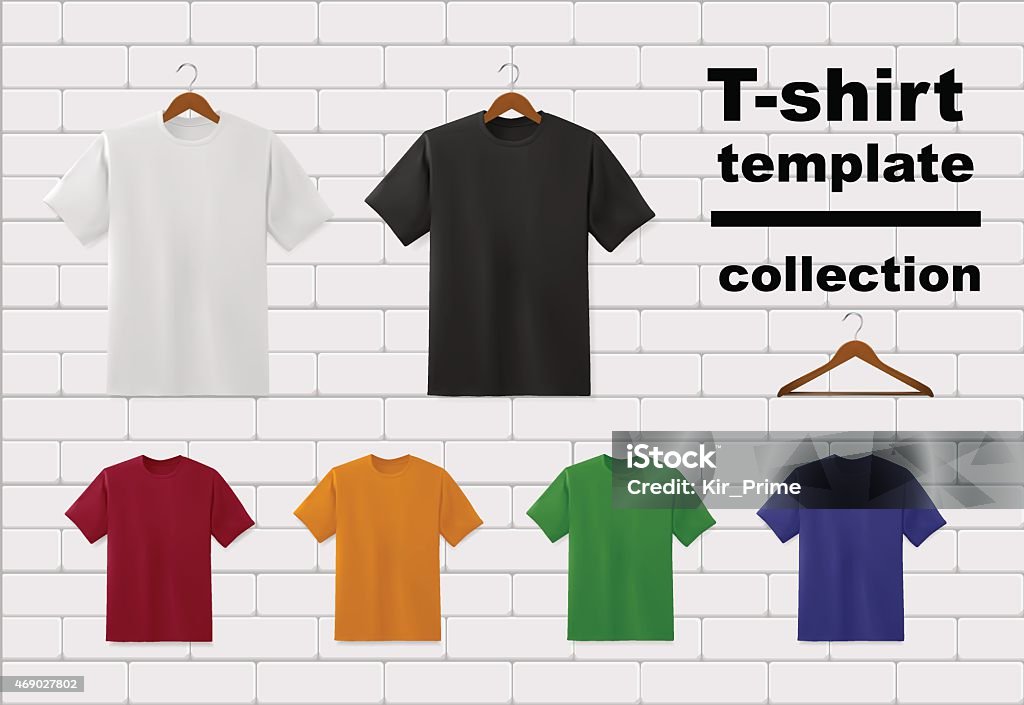T-shirt template collection wth hangers on white brick wall T-shirt templates collection of different colors isolated on white brick wall, vector eps10 illustration made with gradient mesh. White, black, red, yellow,orange,green,blue blank t-shirts for merchandising. Front view. Hangers included. T-Shirt stock vector