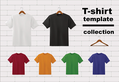 Tshirt Template Collection Wth Hangers On White Brick Wall Stock ...