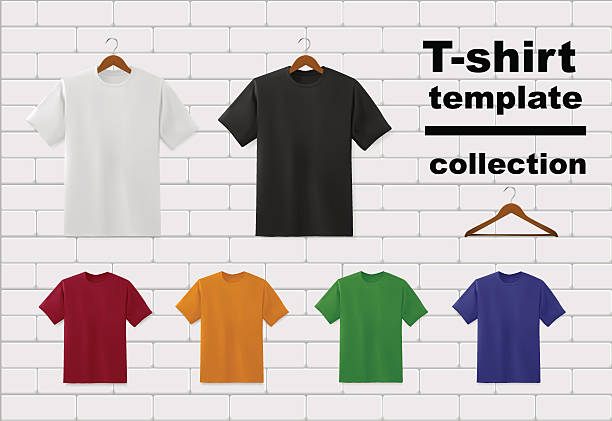 T-shirt template collection wth hangers on white brick wall vector art illustration