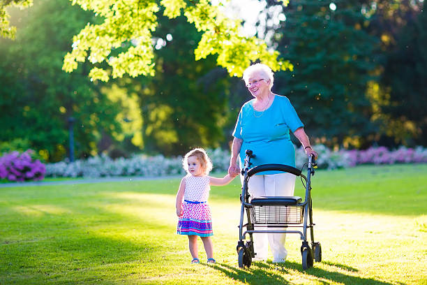 avó com walker e menina em um parque - great grandchild imagens e fotografias de stock