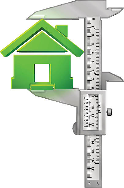 Vertical caliper measures house symbol Concept of home sign and measuring tool. Qualitative vector illustration about architecture, building, real estate, construction, development, housing, etc. It has transparency, masks, blending modes, gradients vernier scale stock illustrations