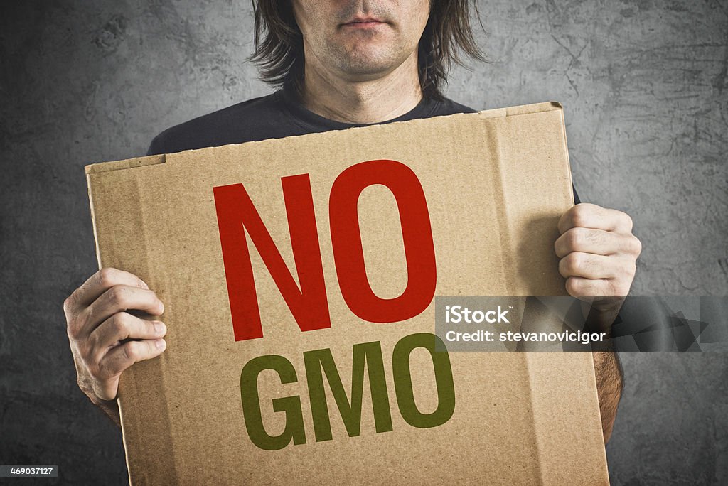 No GMO. No GMO. Man holding banner with Anti GMO message. Agriculture Stock Photo