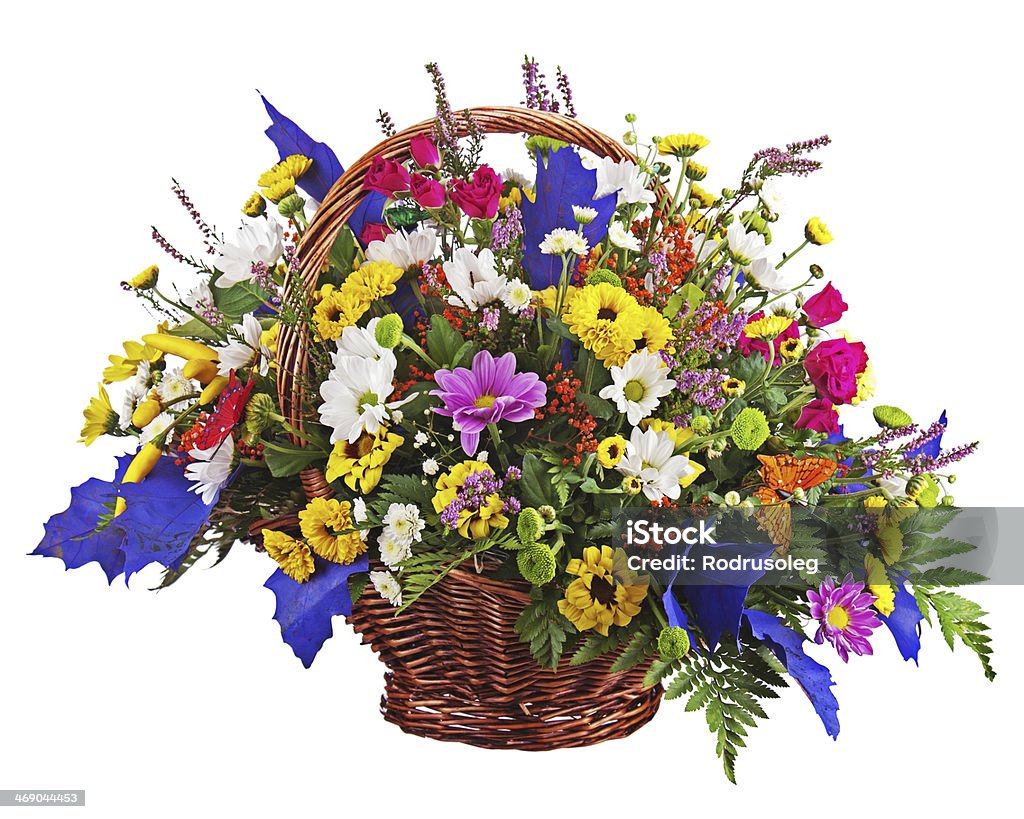 Blumen Blumenstrauß Anordnung Mittelpunkt in Weidenkorb Isoliert - Lizenzfrei Blau Stock-Foto