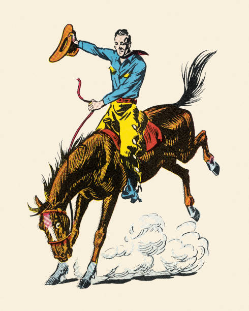 illustrations, cliparts, dessins animés et icônes de cow-boys à cheval bronco - cowboy rodeo wild west bucking bronco