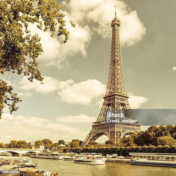 The Eiffel Tower From The River Seine In Paris Stock Photo - Download Image Now - 2015, Architecture, Beauty