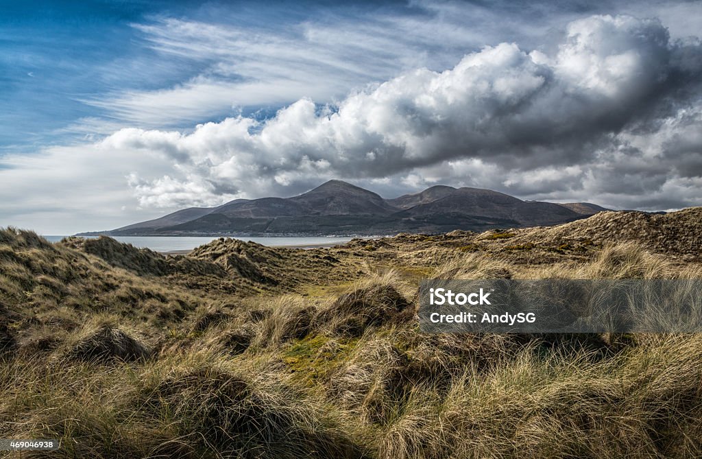 Murlough Nature Reserve This is the view from the National Trust Nature Reserve at Murlough looking towards the Mourne Mountains in Northern Ireland.  I had spent the morning on the beach and was heading back to the car when I came across this scene.  The Marram grass was being blown by the wind and the clouds were bubbling up nicely over the mountains.  This is the vie that many of the worlds leading golfers will have when they play the course at Royal County Down in this years Irish Open. Mourne Mountains Stock Photo